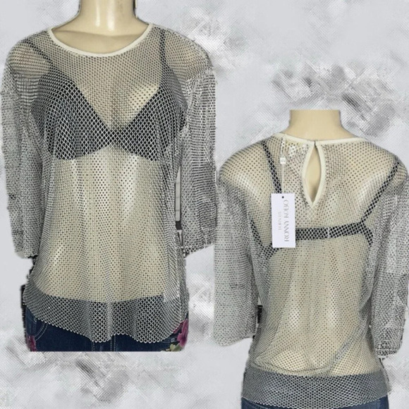 Torn By Ronny Kobo L Silver Sheer Mesh Black Crystal Accent Half Sleeve Samm Top